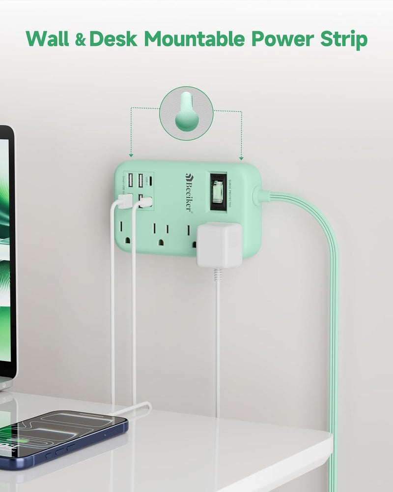 Beeiker 6 USB Green Travel Power Strip- 5Ft Green Extension Cord with 4.8A 2 USB C Charging Station and 4 Outlets, Cute Desk Accessories with Switch for Kawaii Pink Home Office College Dorm Room 24W - Image 5